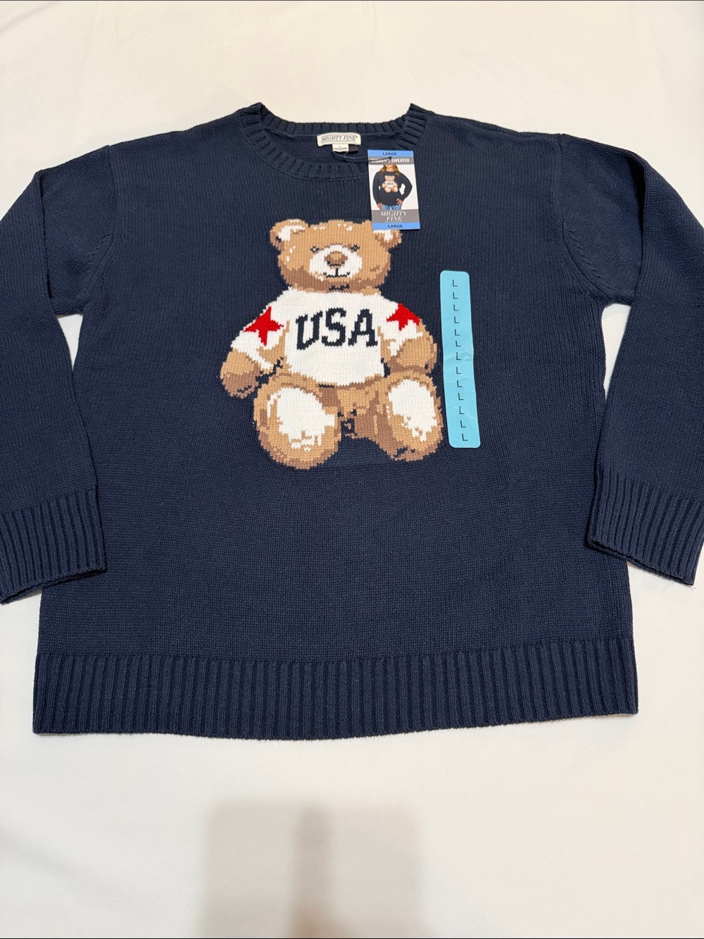 Mighty Fine Americana USA Navy Knit Teddy Bear Sweater L NWT